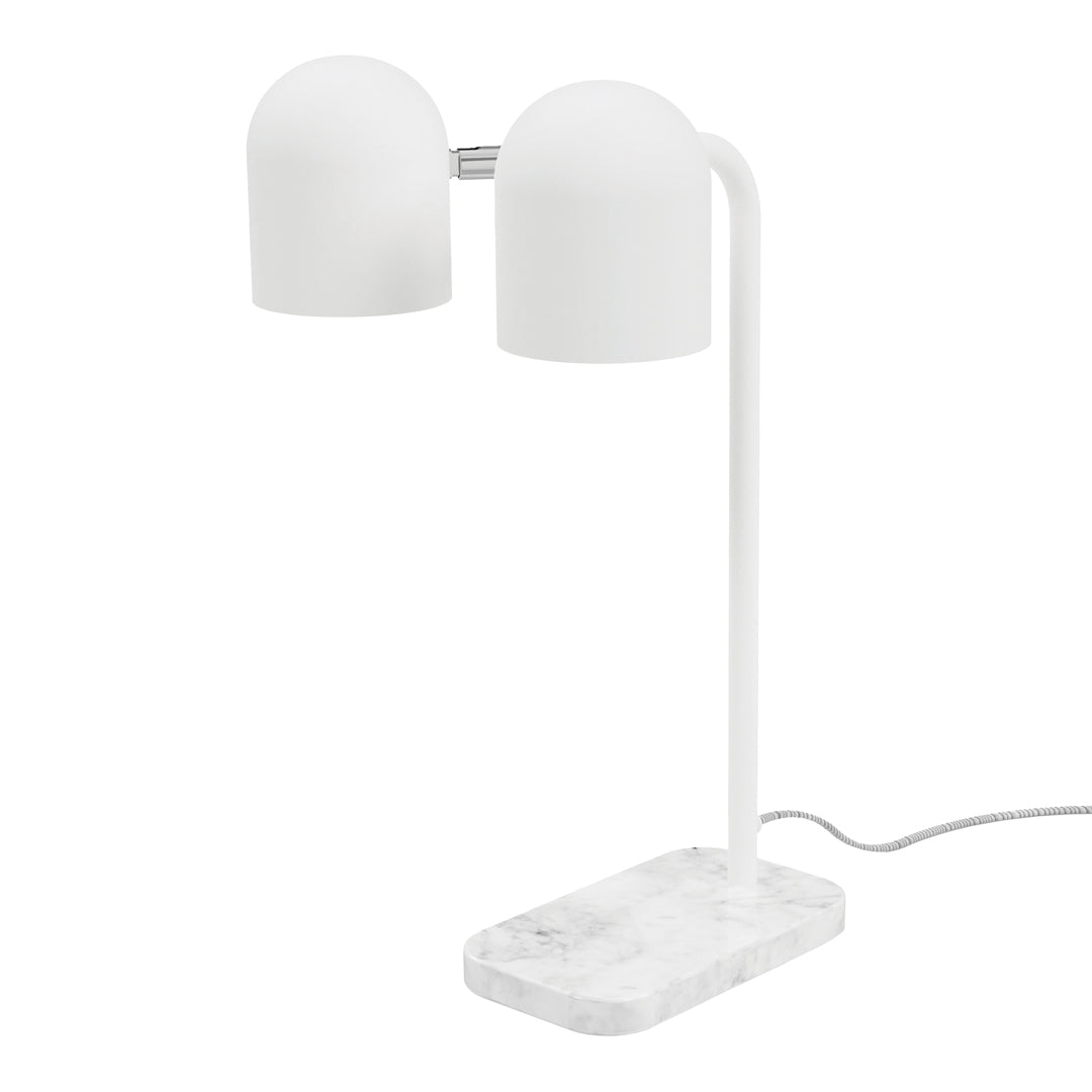 White double lampshade on a sleek white frame with a marble-patterned base, ideal for modern decor.