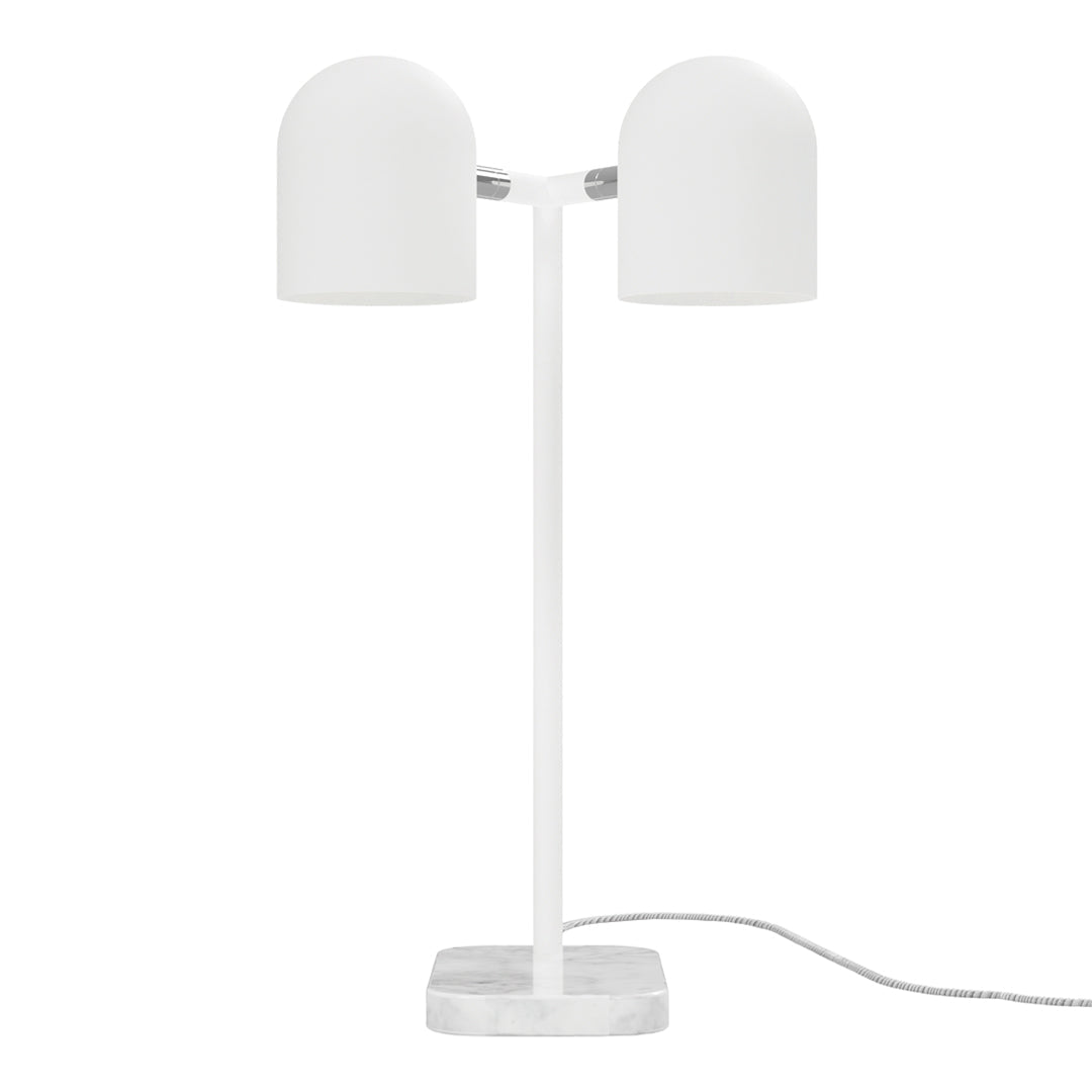 Stylish white table lamp with two rounded shades and a sleek white base, perfect for modern decor.