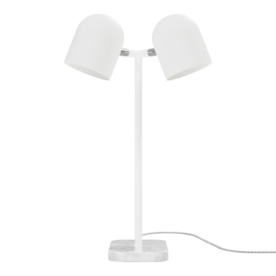 White double-shade table lamp with a sleek white base and minimalistic design. Perfect for modern decor.