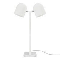 White double-shade table lamp with a sleek white base and minimalistic design. Perfect for modern decor.