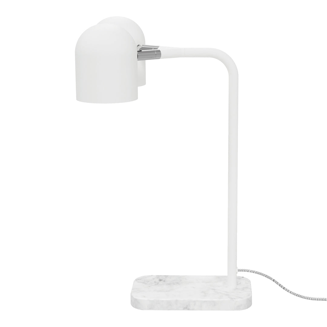 Modern white desk lamp with a sleek curved design and a marble base, perfect for contemporary decor.