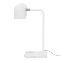 Modern white desk lamp with a sleek curved design and a marble base, perfect for contemporary decor.