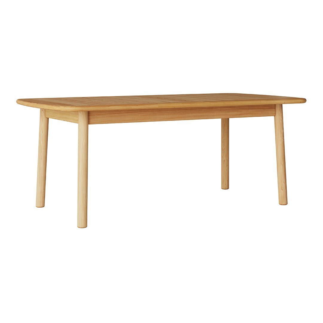Natural wood dining table in light oak finish with a smooth, minimalist design and tapered legs.
