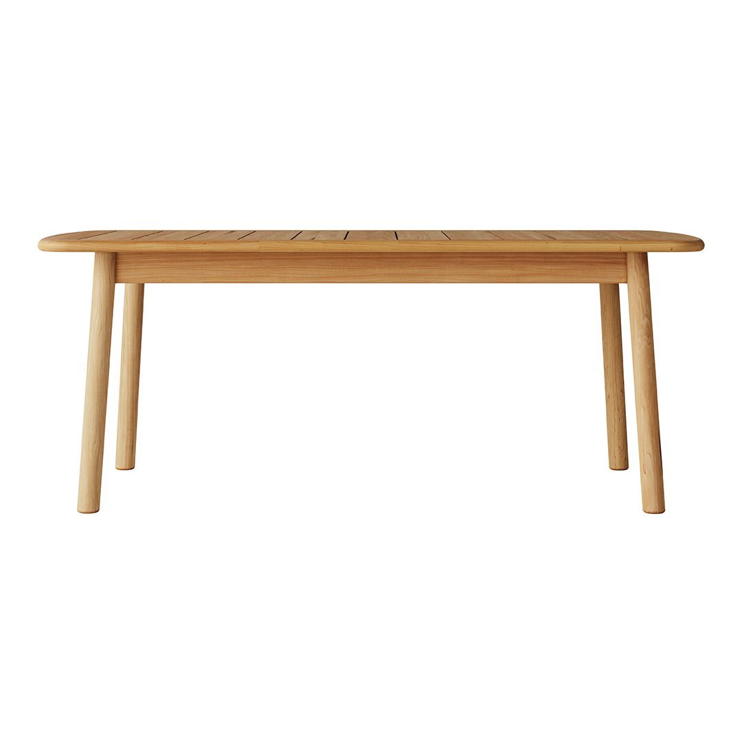 Light natural wood dining table with a smooth finish and subtle slatted design. Ideal for modern and rustic decor.