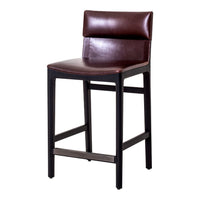 Brown leather barstool with a sleek, minimalist design and black wooden legs. Perfect for modern interiors.