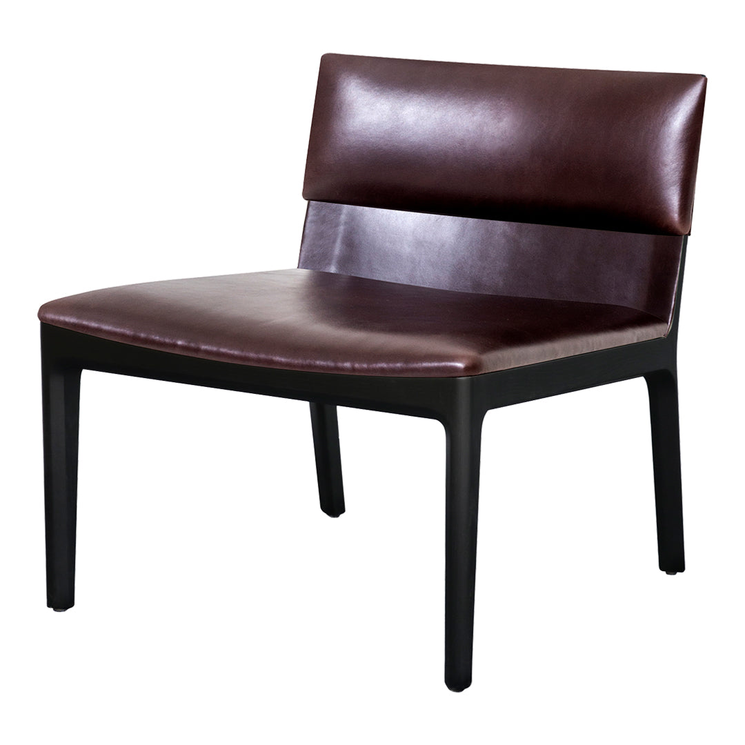 "Modern chair in rich brown leather with a sleek black frame and a minimalist design."