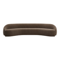 Brown curved sofa with a smooth, textured fabric finish, perfect for modern home decor.