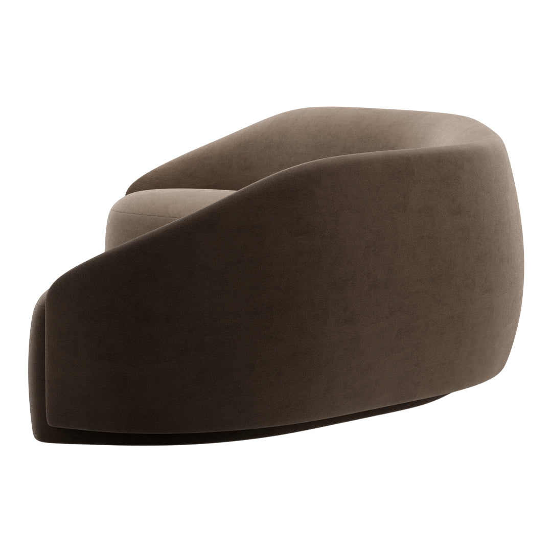 Brown upholstered chair with a smooth, modern design and subtle curved shapes. Ideal for contemporary decor.