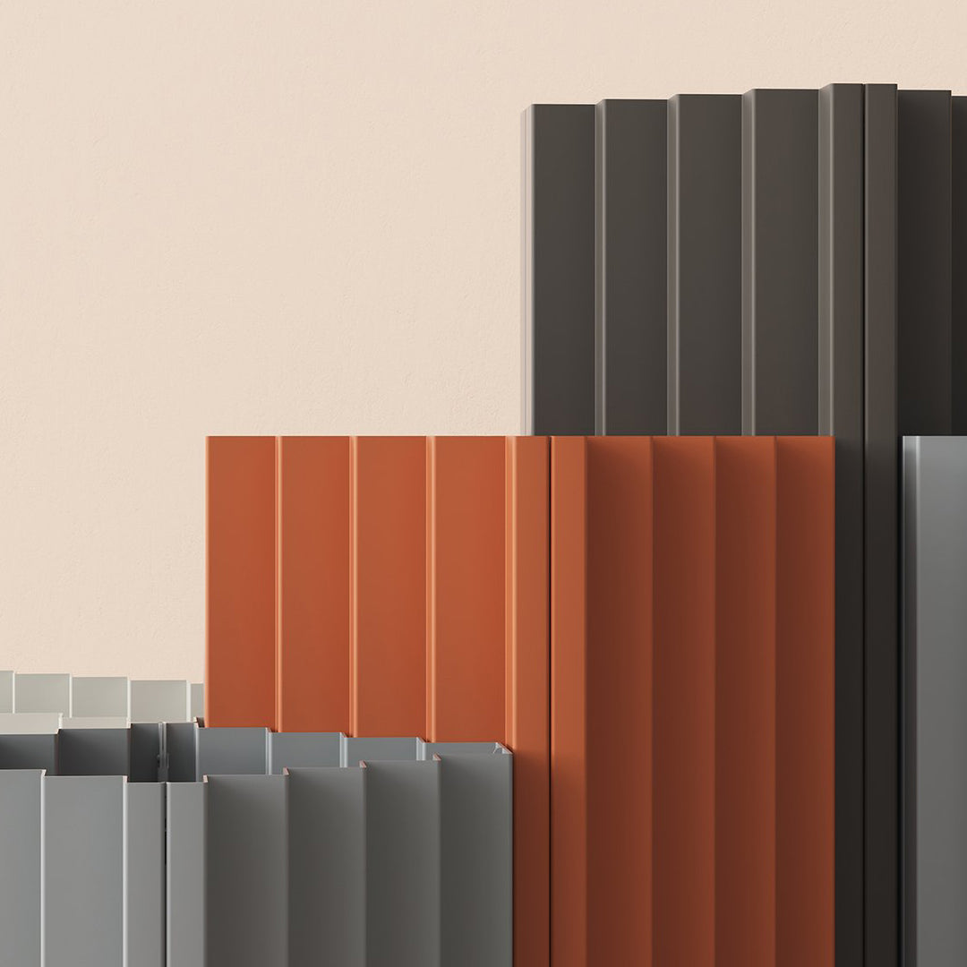 Abstract composition of grey, orange, and dark brown panels against a neutral background, showcasing geometric patterns.