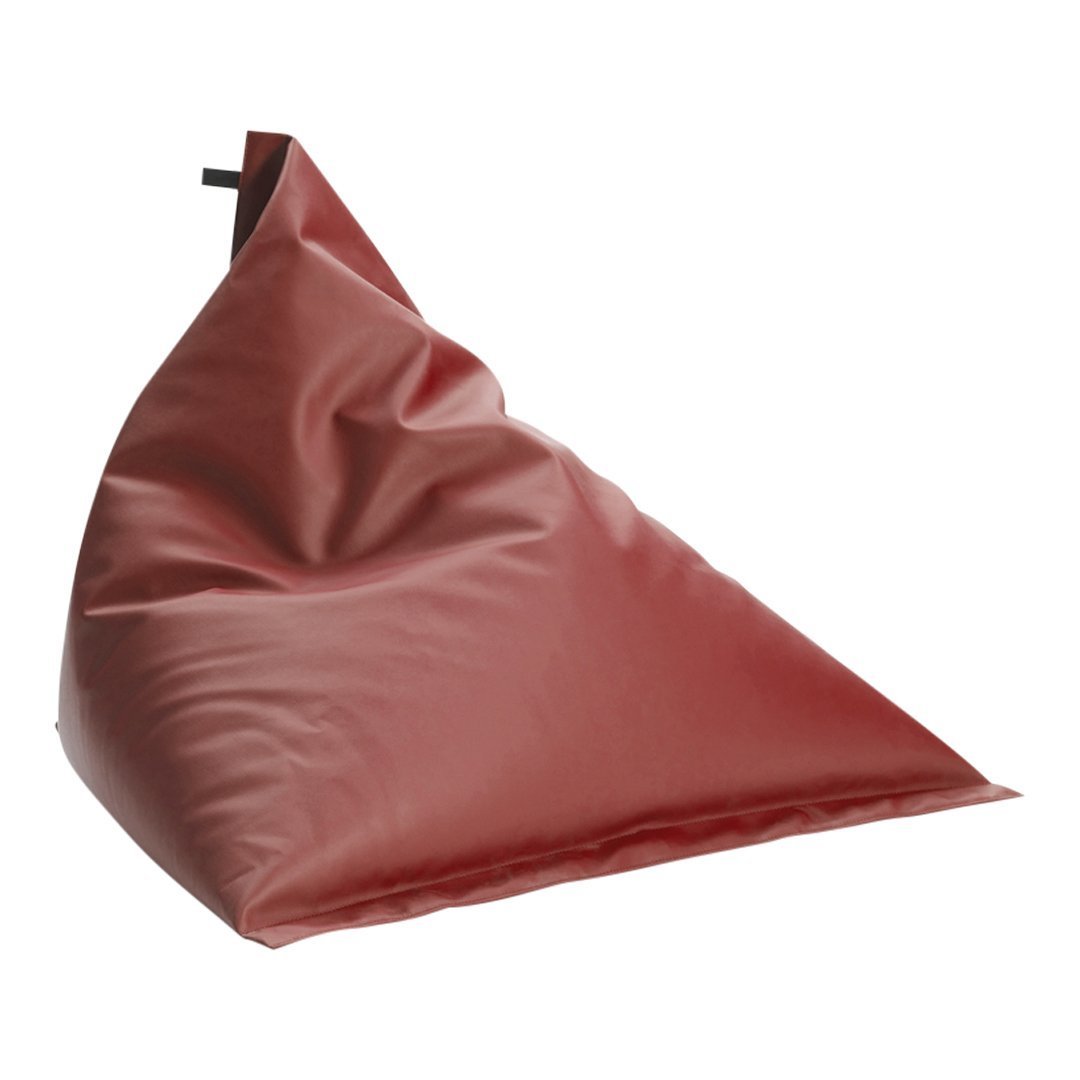 Red triangular bean bag with a smooth, solid texture, perfect for casual seating or decor.