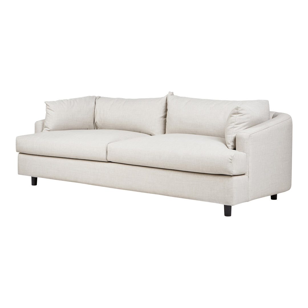 Light beige fabric sofa with two plush cushions and clean lines; minimalist and modern design.