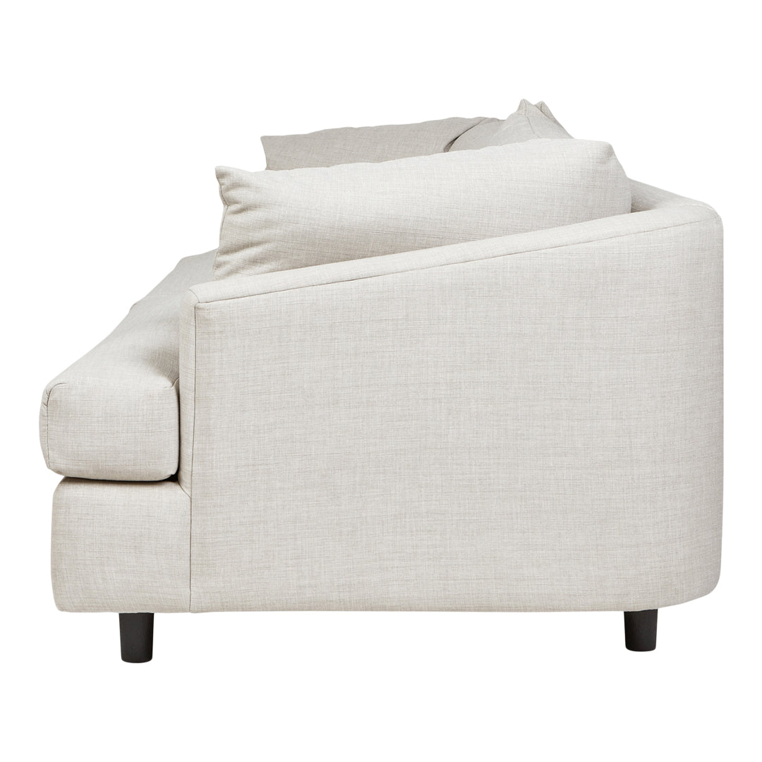 Light beige linen sofa with clean lines and no visible patterns, featuring minimalist design and tapered black legs.