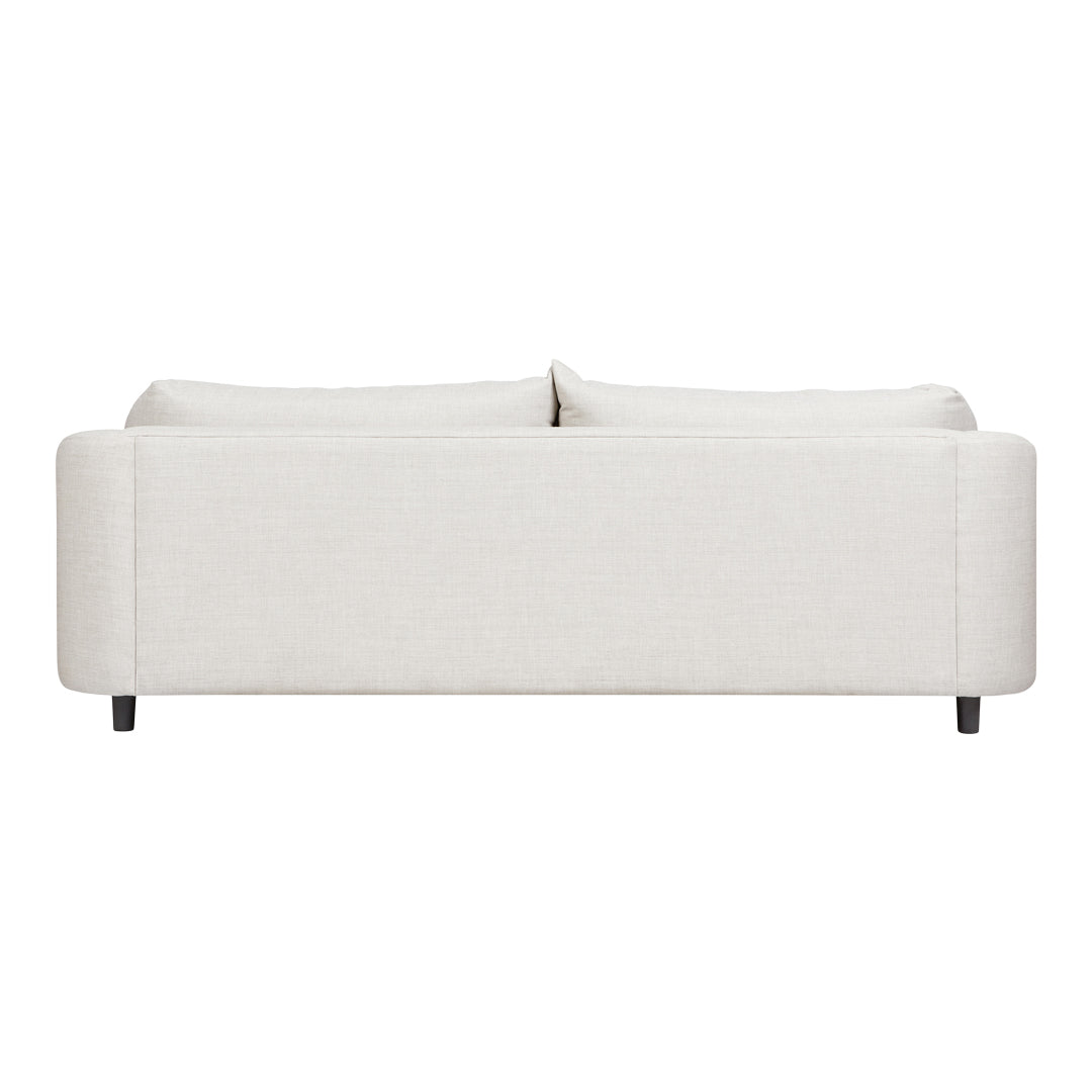 Light beige sofa with a solid pattern and smooth fabric finish, featuring sleek black legs. Perfect for modern decor.