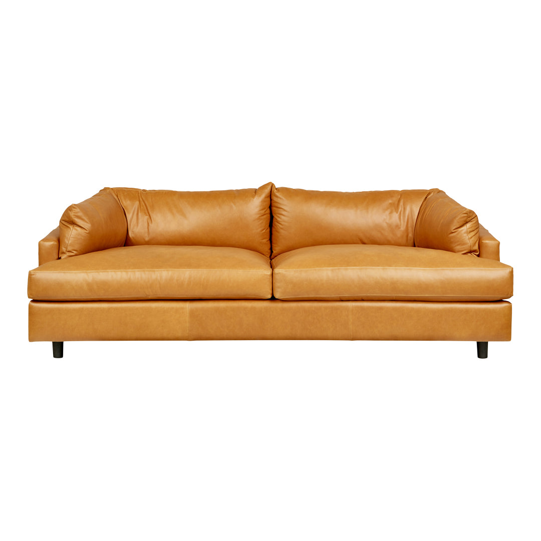 Tan leather sofa with a smooth texture, featuring two plush cushions and a sleek, modern design.