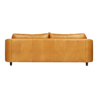 Tan leather sofa with a smooth texture and simple, modern lines, featuring black legs for a stylish contrast.