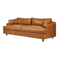 Tan leather sofa with a smooth texture and simple, modern design, featuring plush cushions and clean lines.