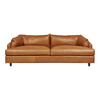Brown leather sofa with smooth texture and clean lines, featuring two plush cushions for comfort.