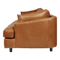 Side view of a sleek, modern sofa in warm brown leather with smooth texture and subtle stitch detailing.