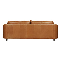 Brown leather sofa with smooth texture and minimalist design, featuring two plush cushions and sleek black legs.