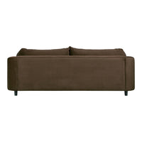 Brown upholstered sofa with smooth texture and two plush back cushions, featuring sleek black legs.