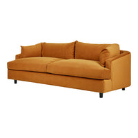 Orange velvet sofa with a smooth texture and contemporary design, featuring clean lines and plush cushions.