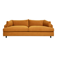Velvet mustard-yellow sofa with modern design; features solid color and plush cushions for comfort.