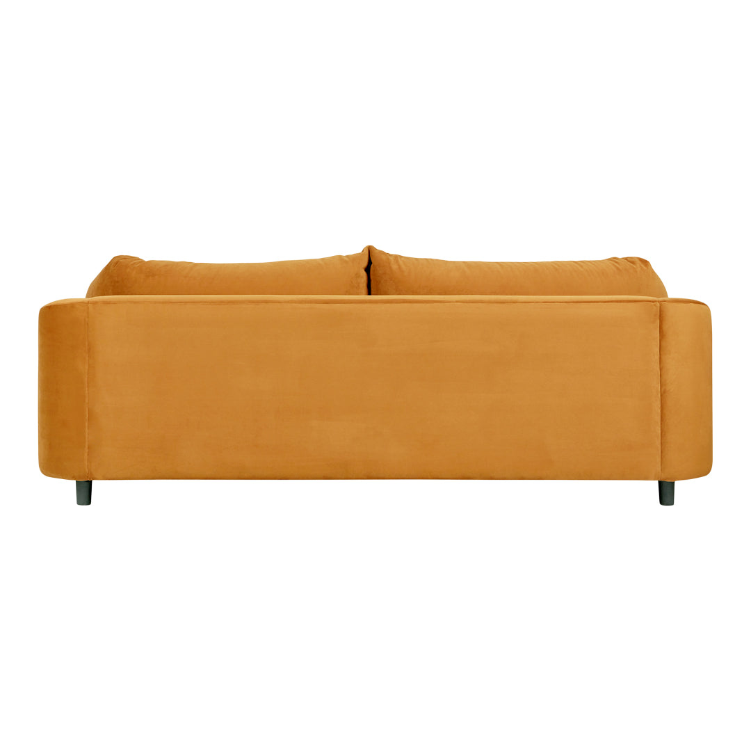 "Minimalist mustard yellow sofa with smooth texture and square shape, perfect for modern decor."