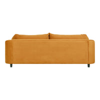 "Minimalist mustard yellow sofa with smooth texture and square shape, perfect for modern decor."