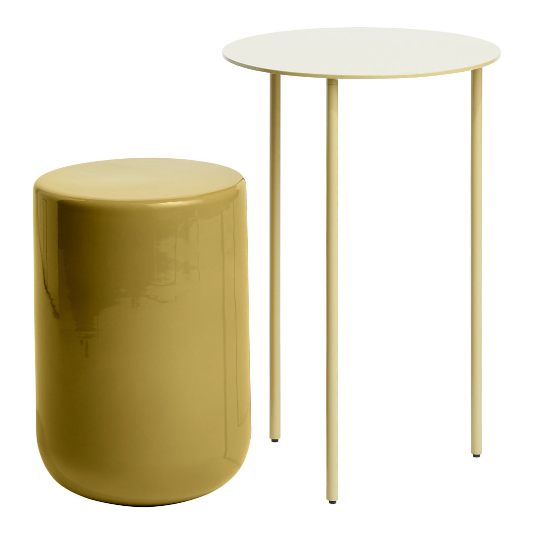 Modern gold side table and white round top table, sleek design and glossy finish, perfect for contemporary decor.