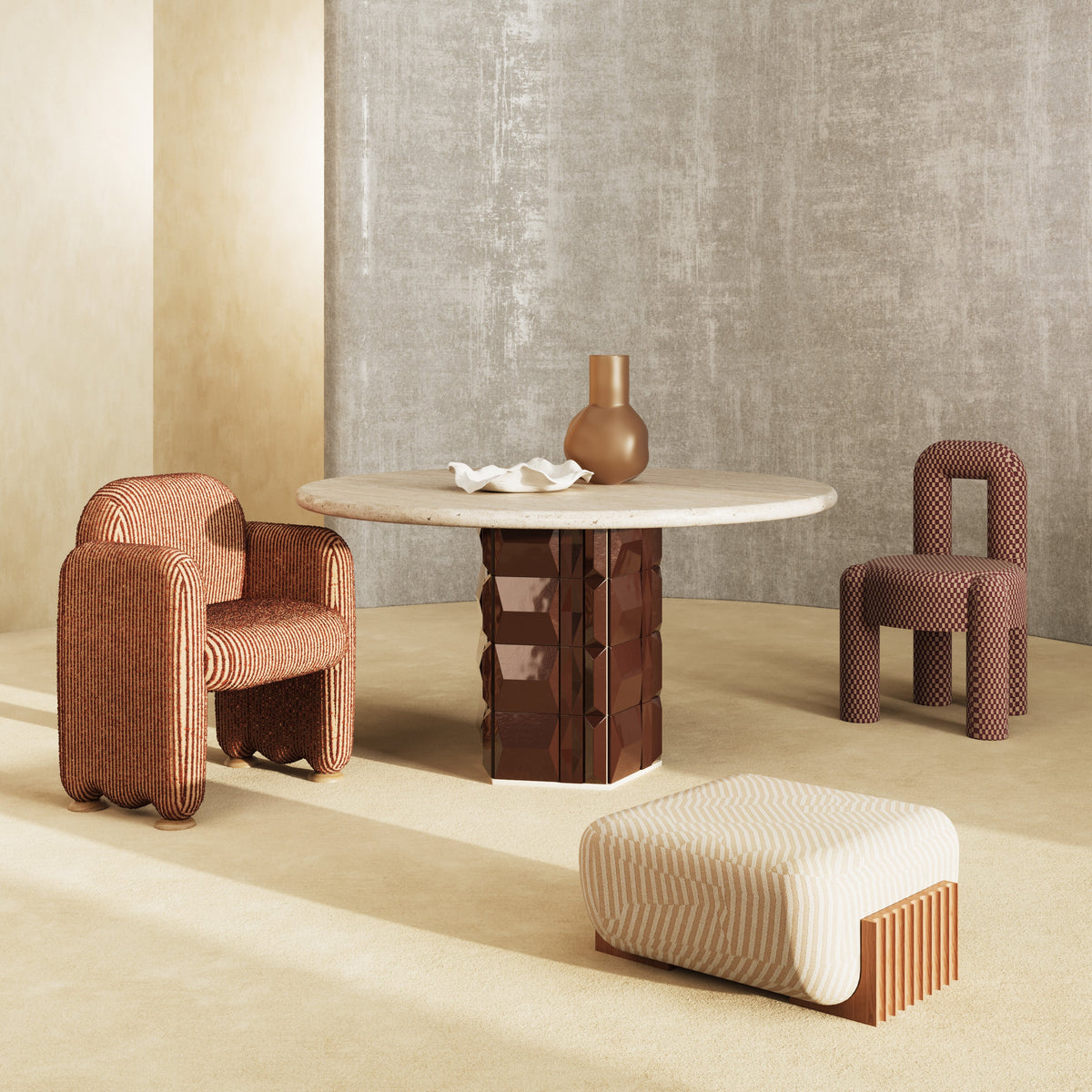 "Stylish seating in warm terracotta and brown tones, with a neutral beige backdrop and textured cream patterns."