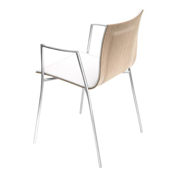 Elegant chair in white and light beige with sleek silver legs and a modern minimalist design.