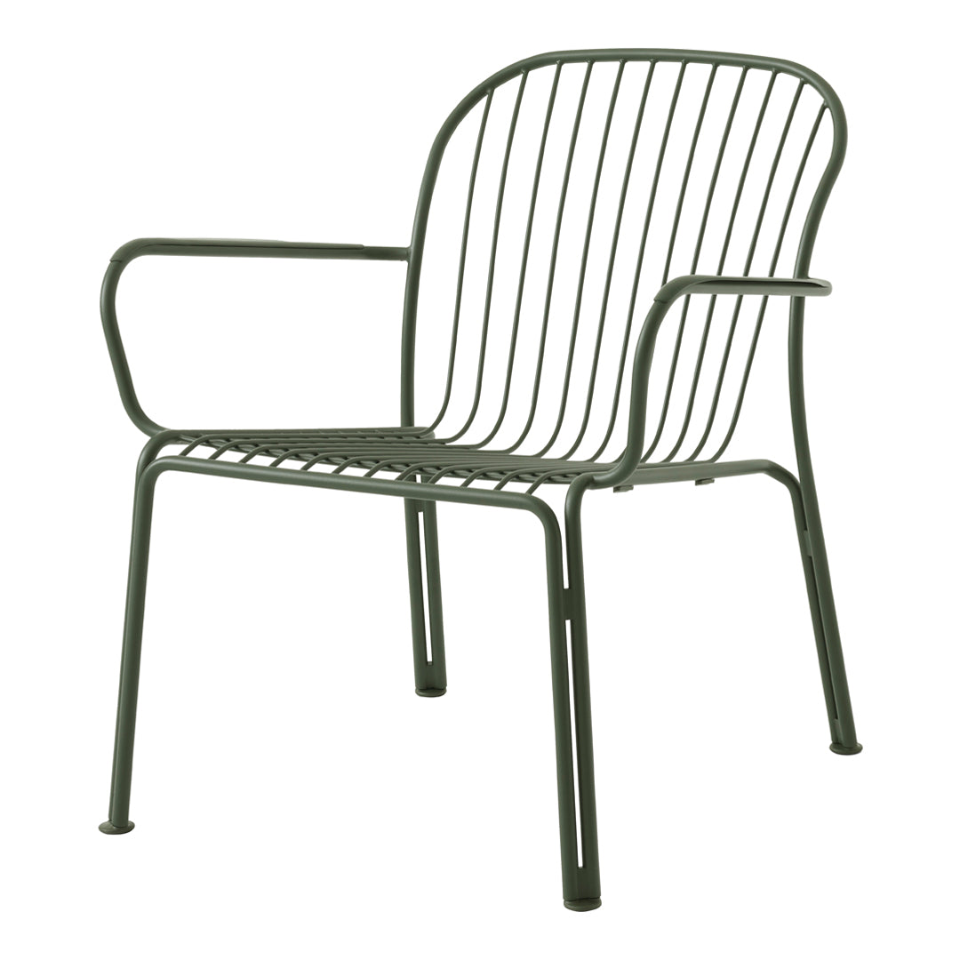 Green metal chair with sleek, minimalist lines and open slat design, perfect for modern outdoor or indoor spaces.