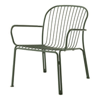 Green metal chair with sleek, minimalist lines and open slat design, perfect for modern outdoor or indoor spaces.