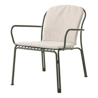 Beige cushioned chair with a sleek green metal frame, showcasing a minimalist design and neutral tones.