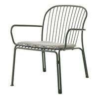 Green metal chair with a striped cushion featuring black, white, and tan colors. Modern design, perfect for outdoor use.