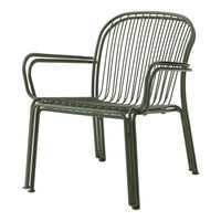 Green metal chair with a sleek, modern design featuring vertical wire patterns and smooth curves. Perfect for outdoor use.