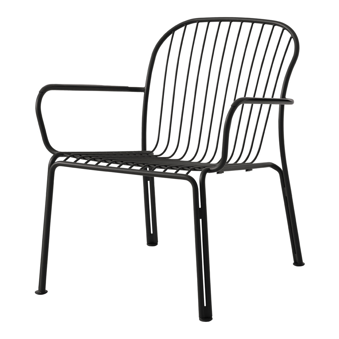Black metal chair with sleek, vertical line design and open armrests, ideal for modern decor.