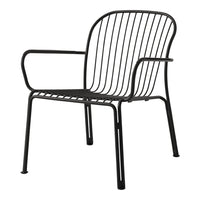 Black metal chair with sleek, vertical line design and open armrests, ideal for modern decor.