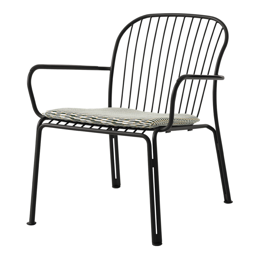 Black metal chair with striped gray and white cushion. Modern design with a minimalist style. Perfect for indoor or outdoor use.