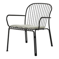 Black metal chair with striped gray and white cushion. Modern design with a minimalist style. Perfect for indoor or outdoor use.