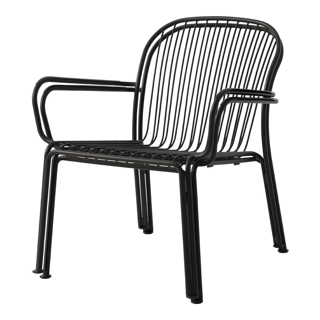 Black metal chair with a sleek, striped pattern and minimalist design, perfect for modern decor.