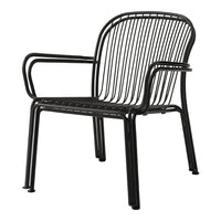 Black metal chair with a sleek, striped pattern and minimalist design, perfect for modern decor.