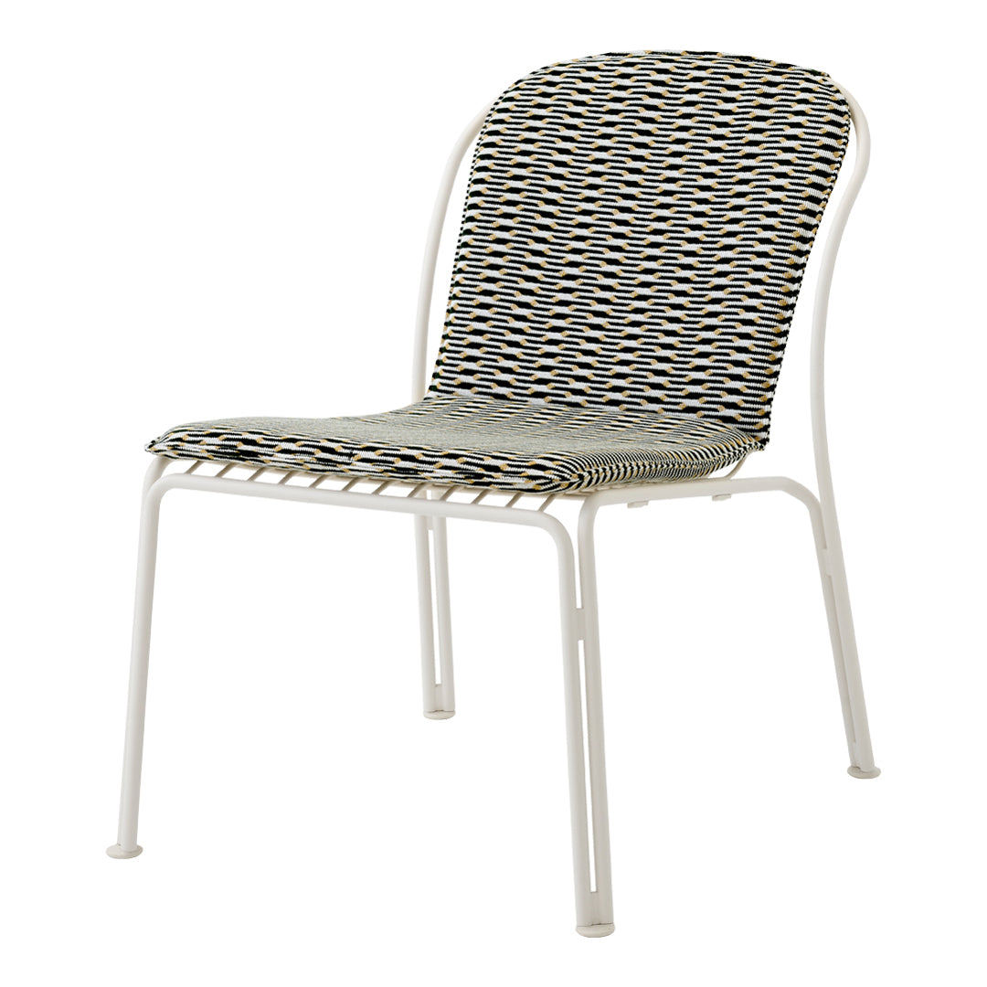 Modern striped chair in blue, white, and grey woven pattern on a sleek white metal frame.