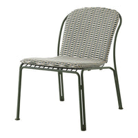 Stylish patio chair featuring a geometric pattern in gray, green, and cream. Sleek metal frame with a modern design.