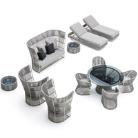 "Elegant outdoor furniture set in gray with woven textures and modern glass accents, perfect for stylish patio decor."