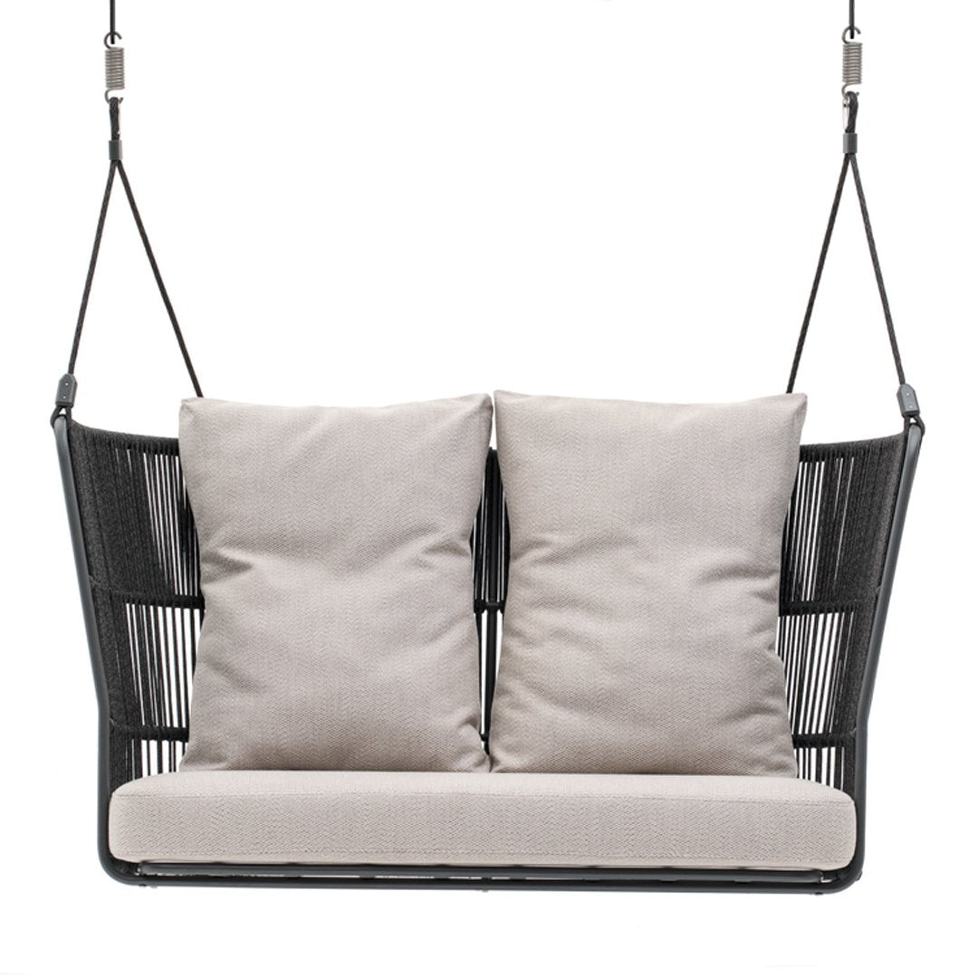 Black swinging sofa with beige cushions, featuring a modern geometric pattern for stylish outdoor decor.