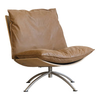 Tan leather lounge chair with soft cushions and sleek silver metal base, perfect for modern decor.