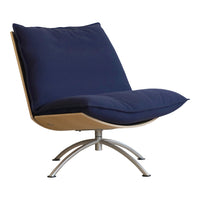 Navy blue upholstery on a sleek, curved chair with a light wooden frame and silver metal base.