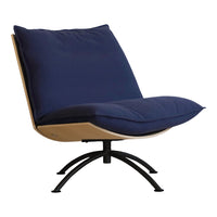 Navy blue cushion on a sleek wooden and black metal chair with a modern, minimalist design.