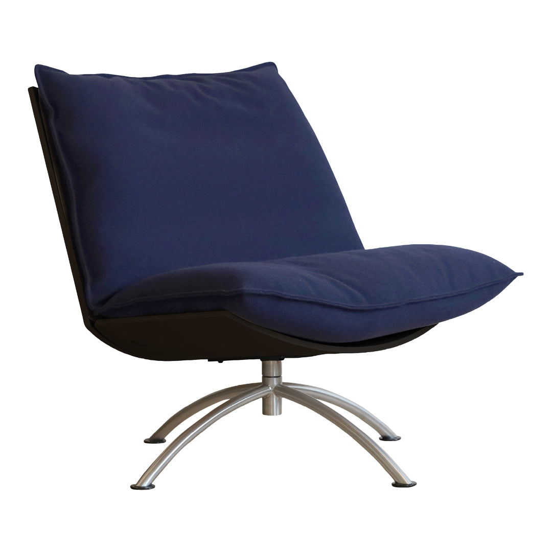 Modern navy blue lounge chair with smooth, solid fabric on a sleek silver metal base.
